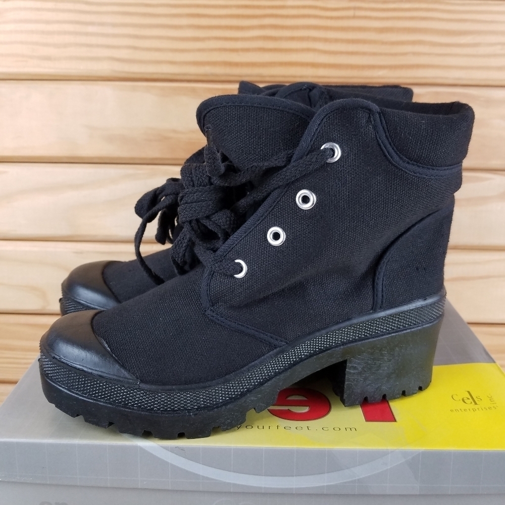Black Canvas Combat Military Biker Moto Ankle Boots Lace up Women's 6.5M Heeled - Picture 5 of 10